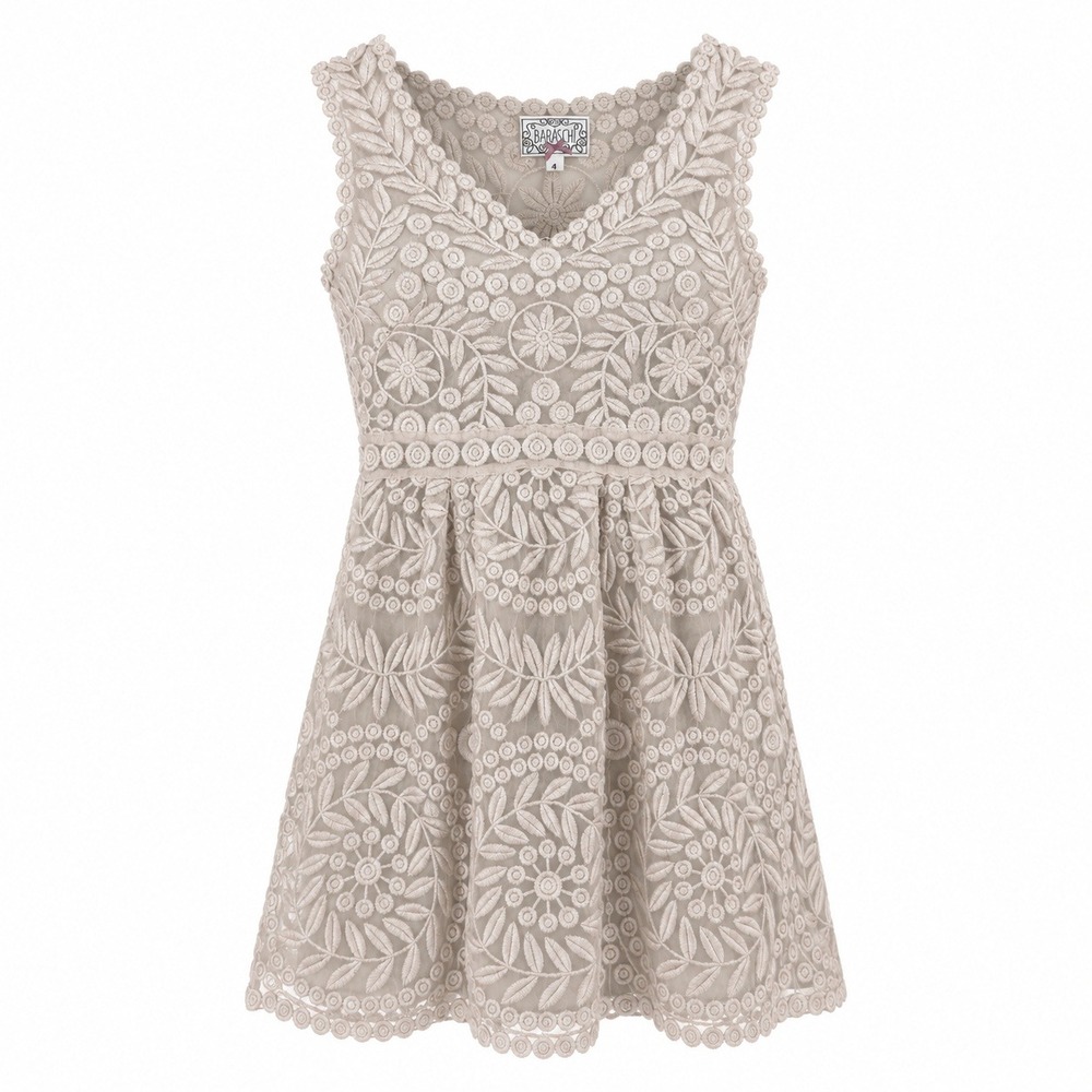 Baraschi Dress Womens Size 4 Beige Embroidered Mesh Boho Cottagecore (NO SLIP)